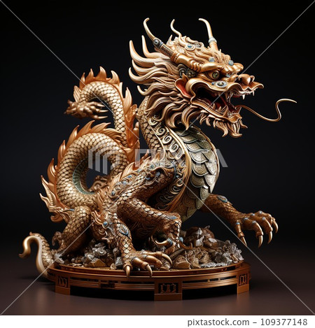 Chinese dragon statue on dark background, closeup of photo . AI Generate 109377148