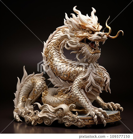 Chinese dragon statue on dark background, closeup of photo . AI Generate 109377150