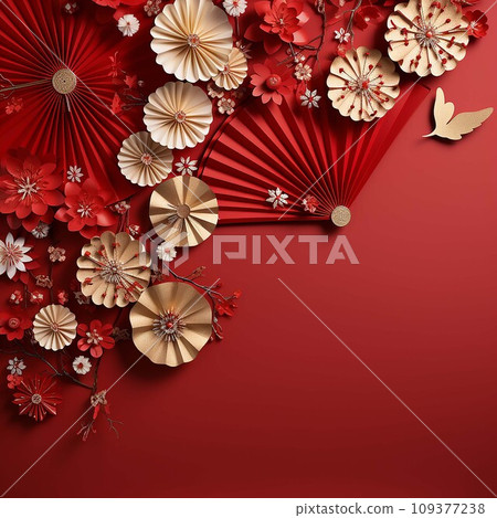 Paper art of Chinese New Year with red paper flowers on red background .AI Generate Paper art of Chinese New Year with red paper flowers on red background .AI Generate 109377238