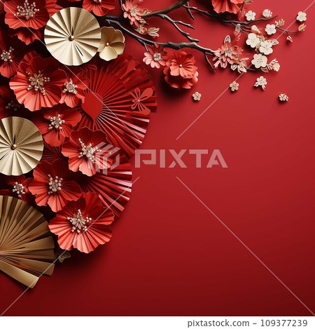 Paper art of Chinese New Year with red paper flowers on red background .AI Generate Paper art of Chinese New Year with red paper flowers on red background .AI Generate 109377239