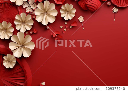 Paper art of Chinese New Year with red paper flowers on red background .AI Generate Paper art of Chinese New Year with red paper flowers on red background .AI Generate 109377240