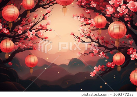 Chinese New Year background with lanterns and cherry blossom .AI Generate 109377252
