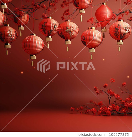 Chinese New Year background with hanging paper lanterns ,AI Generate Chinese New Year background with hanging paper lanterns ,AI Generate 109377275