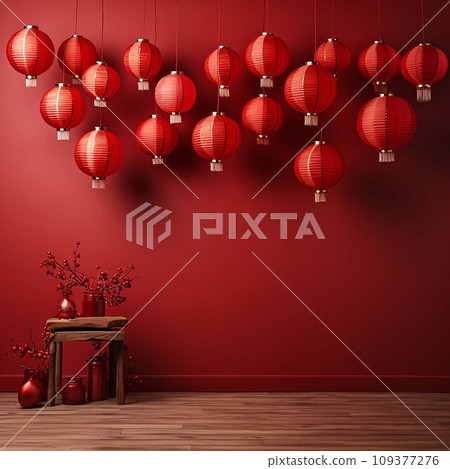 Chinese New Year background with hanging paper lanterns ,AI Generate 109377276