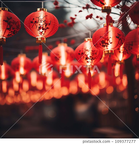 Chinese New Year background with hanging paper lanterns ,AI Generate 109377277