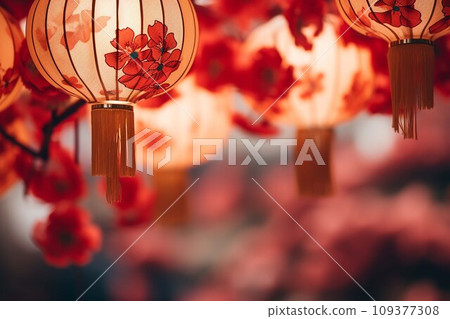 Chinese New Year background with hanging paper lanterns ,AI Generate Chinese New Year background with hanging paper lanterns ,AI Generate 109377308