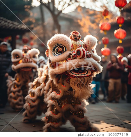 Lion dance at chinese lunar new year festival in China. .AI Generate Lion dance at chinese lunar new year festival in China. .AI Generate 109377349