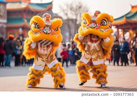 Lion dance at chinese lunar new year festival in China. .AI Generate 109377363