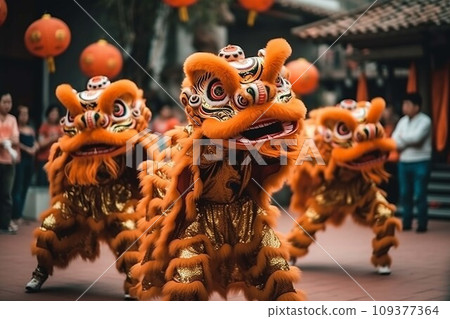 Lion dance at chinese lunar new year festival in China. .AI Generate 109377364