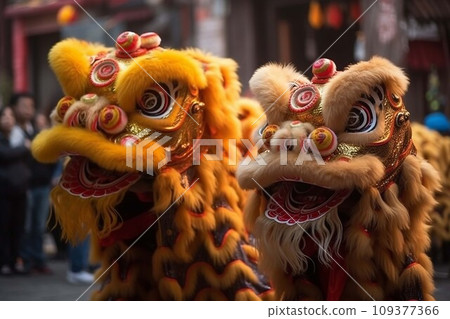 Lion dance at chinese lunar new year festival in China. .AI Generate 109377366