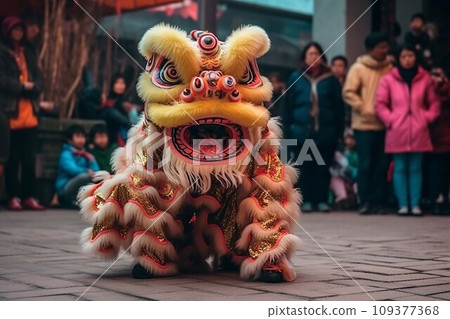 Lion dance at chinese lunar new year festival in China. .AI Generate 109377368