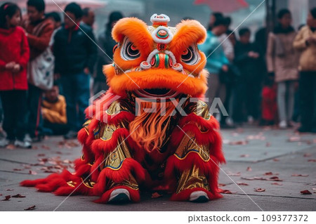 Lion dance at chinese lunar new year festival in China. .AI Generate Lion dance at chinese lunar new year festival in China. .AI Generate 109377372
