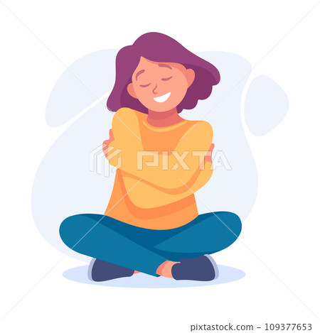 Woman Character Hug Herself Taking Care and Show Importance of Oneself Vector Illustration 109377653