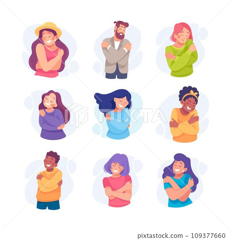 People Hug Themselves Taking Care and Show Importance of Oneself Vector Set 109377660