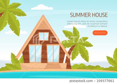 Summer House or Bungalow on Beach Web Banner Vector Template 109377661