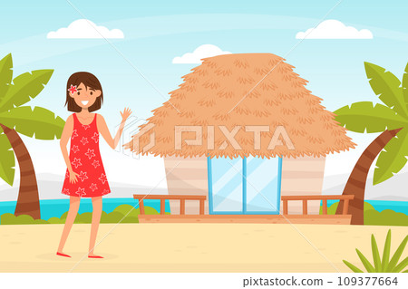Happy Woman at Beach with Straw House or Bungalow Vector Illustration 109377664