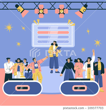 Tv Quiz Game with People Characters in Team Answer Question Vector Set 109377703