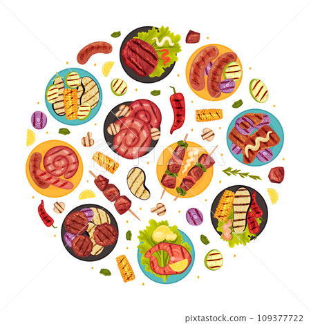 Grill Food Round Composition Design with Roasted Barbecue Meal Vector Template 109377722