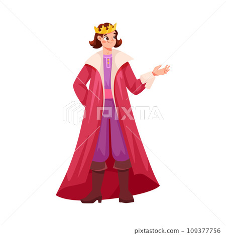 Man Prince Character in Golden Crown and Mantle as Good Fairytale Character Vector Illustration 109377756