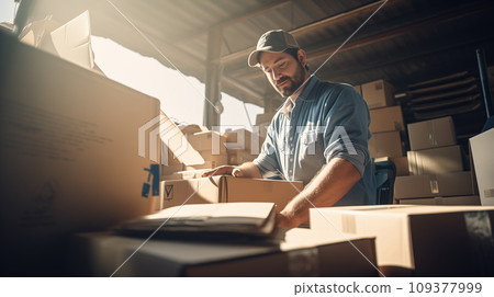 A man packing box preparing it for shipment. Online marketing, Packing box, SME sellers Concept. Generative Ai. A man packing box preparing it for shipment. Online marketing, Packing box, SME sellers Concept. Generative Ai. 109377999