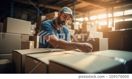 A man packing box preparing it for shipment. Online marketing, Packing box, SME sellers Concept. Generative Ai. A man packing box preparing it for shipment. Online marketing, Packing box, SME sellers Concept. Generative Ai. 109378000