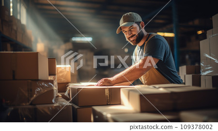 A man packing box preparing it for shipment. Online marketing, Packing box, SME sellers Concept. Generative Ai. 109378002