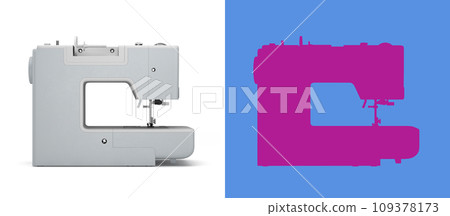 Concept atelier, fashion studio, fashion designer, tailor white sewing machine back view 3d render on white with alpha 109378173