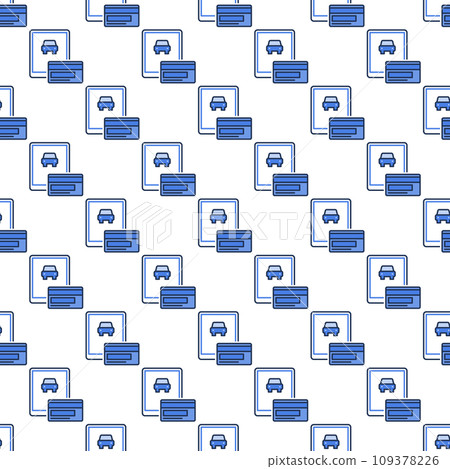 Tablet with Car Rental App vector Online Payment blue seamless pattern 109378226