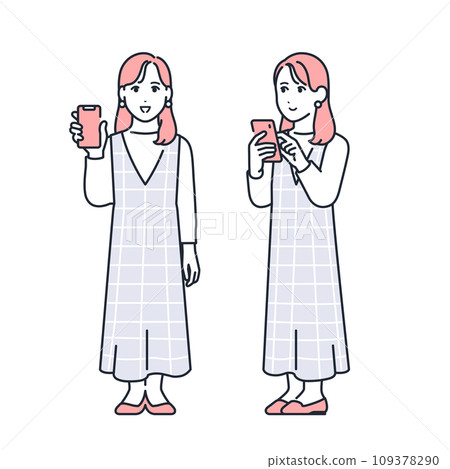 Simple vector illustration set material of a stylish young woman holding a smartphone Simple vector illustration set material of a stylish young woman holding a smartphone 109378290