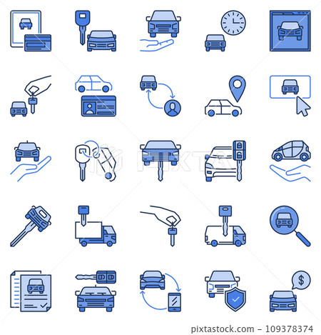 Car Rental concept colored icons set. Car Hire Agency blue vector symbols 109378374
