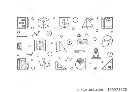 Mathematics Education vector outline horizontal banner - Math minimal illustration Mathematics Education vector outline horizontal banner - Math minimal illustration 109378678