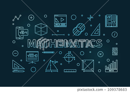Mathematics vector thin line horizontal blue modern banner - Math Science outline illustration Mathematics vector thin line horizontal blue modern banner - Math Science outline illustration 109378683