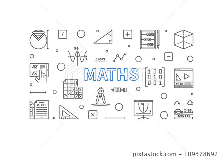 Maths vector concept outline horizontal banner. Mathematics illustration Maths vector concept outline horizontal banner. Mathematics illustration 109378692