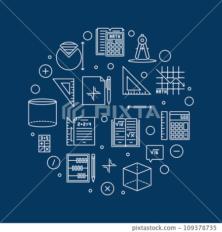 Basic Math vector outline cirlce shaped banner - Mathematics round illustration 109378735