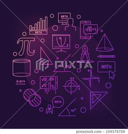 Mathematics Education concept vector line round colored banner. Math circular illustration Mathematics Education concept vector line round colored banner. Math circular illustration 109378789