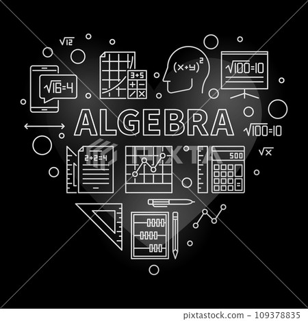 Algebra concept thin line heart shaped silver banner. Vector illustration Algebra concept thin line heart shaped silver banner. Vector illustration 109378835