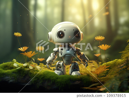 A cute tiny modern robot discovering the earth and exploring nature with curiosity. Artificial Intelligence Technology with Nature. Generative Ai. A cute tiny modern robot discovering the earth and exploring nature with curiosity. Artificial Intelligence Technology with Nature. Generative Ai. 109378915