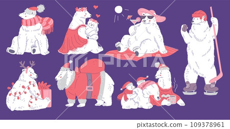 Set of funny polar bears in different costumes flat style, vector illustration 109378961