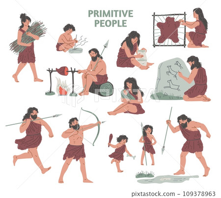 Tribal primitive cave people life, vector hand drawn Stone age illustrations set, ancient evolution traditions, culture 109378963