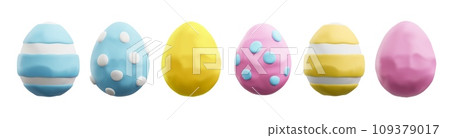 Easter eggs collection, clay or plasticine made 3d vector illustration isolated. 109379017
