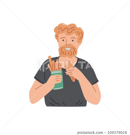Man is having a snack, vector person eating fast food, french fries, sticks, worker or employee having unhealthy meal Man is having a snack, vector person eating fast food, french fries, sticks, worker or employee having unhealthy meal 109379028