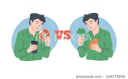 Healthy vs unhealthy food, choice between good and bad nutrition, vector character with caloric and dietary snack 109379056