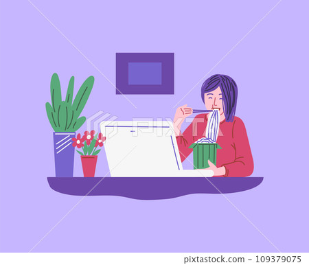Woman eats noodles with chopsticks sitting at laptop desk at work, vector person eating fast food snack at workplace Woman eats noodles with chopsticks sitting at laptop desk at work, vector person eating fast food snack at workplace 109379075