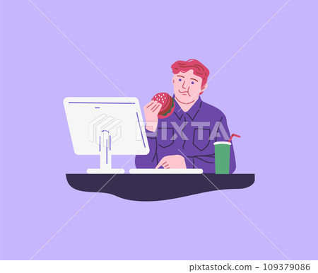 Man eating burger at the computer, cartoon flat vector illustration. Man eating burger at the computer, cartoon flat vector illustration. 109379086