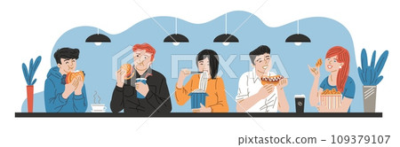 People snacking fast food, vector illustration in flat cartoon style. People snacking fast food, vector illustration in flat cartoon style. 109379107