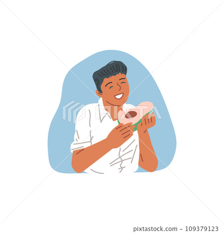 Man eating avocado fruit, flat cartoon vector illustration isolated on white. 109379123
