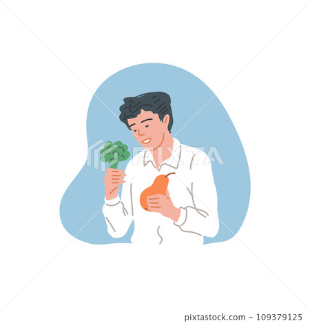Man holding broccoli and pear in hands. 109379125
