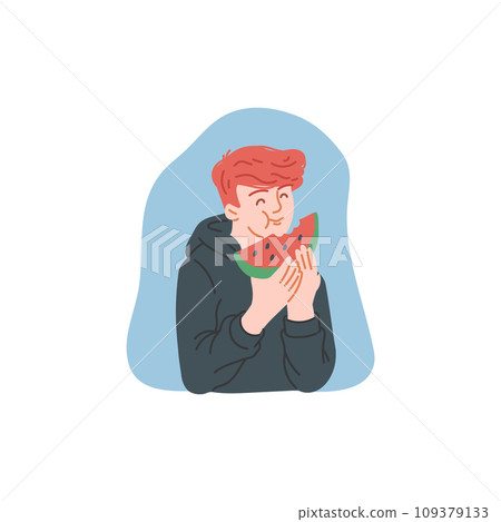 Young man eating watermelon, vector illustration isolated on white 109379133