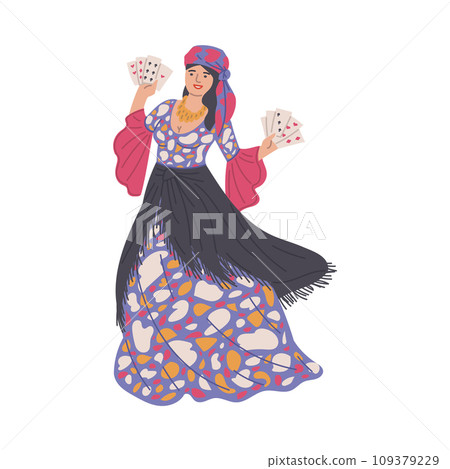 Female gypsy, pretty Romani woman with cards, vector illustration on white Female gypsy, pretty Romani woman with cards, vector illustration on white 109379229