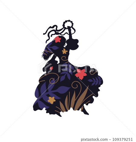 Black silhouette with colorful ornaments, plants and flowers flat style 109379251